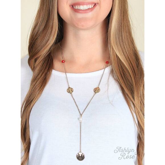 Gold Chain Baseball Charm Y Necklace with Red and Pearl Beads - Picture 3 of 3